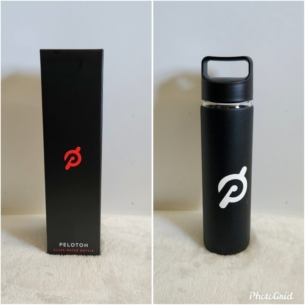Peloton Black White Clear Glass Water Bottle Silicone Sleeve Screw Top 16 Oz